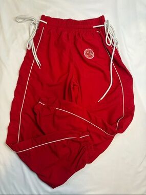 Red Double Drawstring Kansas City Chiefs Football Windbreaker Warm Up Pants F21
